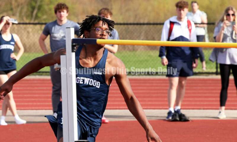 Edgewood High School's Brent Billingsley is about to make a jump in the boys high jump April 16, 2024, during the Dale Plank Invitational track & field meet at Talawanda. RICK CASSANO/STAFF