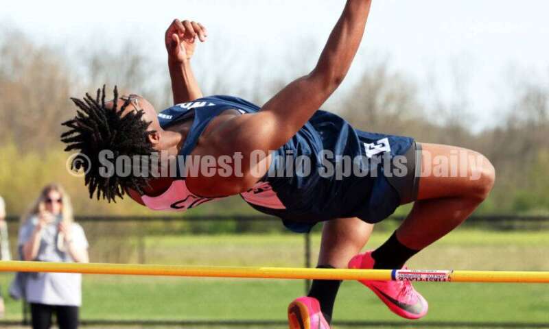 Edgewood High School's Brent Billingsley goes over the bar in the boys high jump April 16, 2024, during the Dale Plank Invitational track & field meet at Talawanda. RICK CASSANO/STAFF
