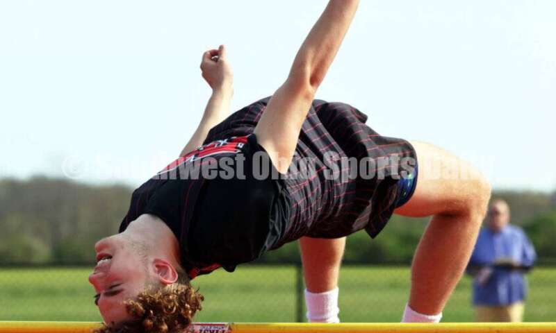Madison High School's Jaxson Shelley competes in the boys high jump April 16, 2024, during the Dale Plank Invitational track & field meet at Talawanda. RICK CASSANO/STAFF