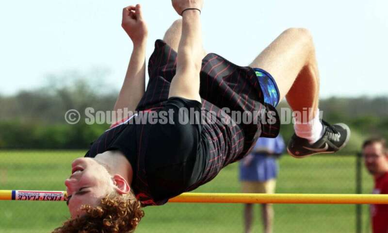Madison High School's Jaxson Shelley competes in the boys high jump April 16, 2024, during the Dale Plank Invitational track & field meet at Talawanda. RICK CASSANO/STAFF