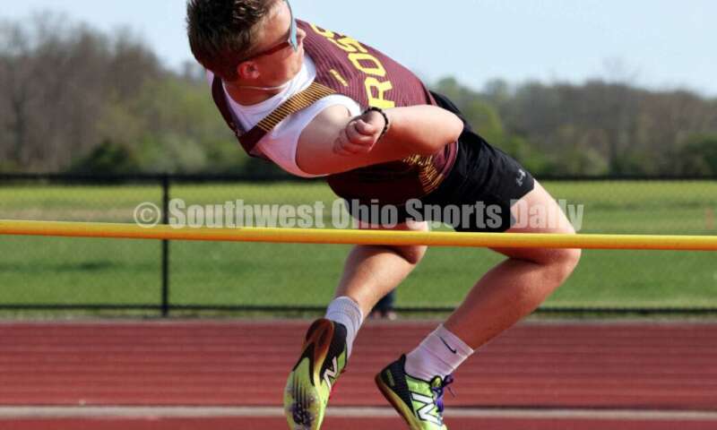Ross High School's Austin Sparks competes in the boys high jump April 16, 2024, during the Dale Plank Invitational track & field meet at Talawanda. RICK CASSANO/STAFF