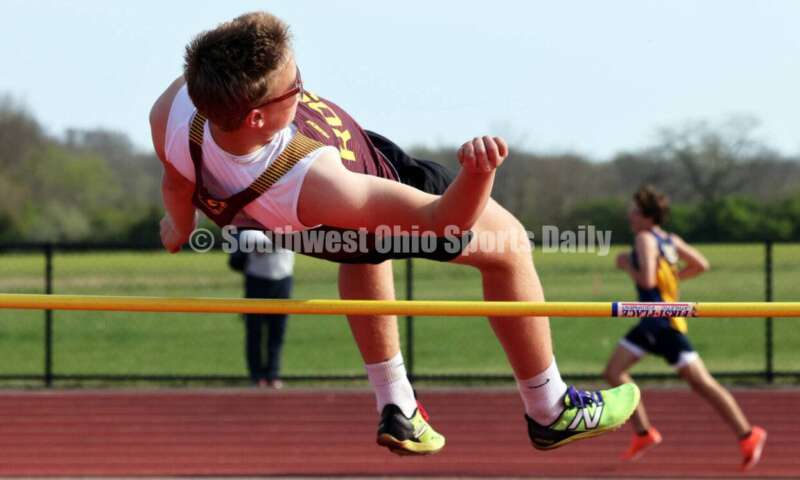 Ross High School's Austin Sparks competes in the boys high jump April 16, 2024, during the Dale Plank Invitational track & field meet at Talawanda. RICK CASSANO/STAFF