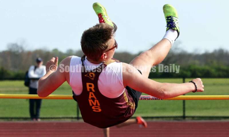 Ross High School's Austin Sparks goes over the bar in the boys high jump April 16, 2024, during the Dale Plank Invitational track & field meet at Talawanda. RICK CASSANO/STAFF