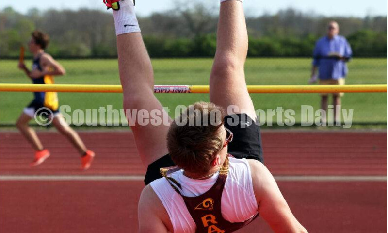 Ross High School's Austin Sparks makes a landing in the boys high jump April 16, 2024, during the Dale Plank Invitational track & field meet at Talawanda. RICK CASSANO/STAFF