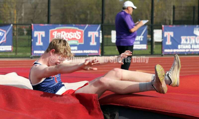 Talawanda High School's Russell Bell reacts to a landing in the boys pole vault April 16, 2024, during the Dale Plank Invitational track & field meet at Talawanda. RICK CASSANO/STAFF