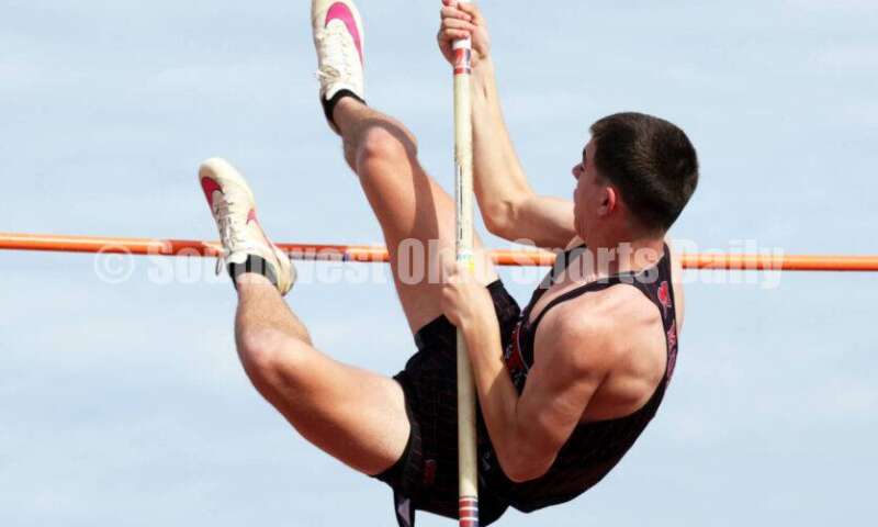 Madison High School's Alden Graham competes in the boys pole vault April 16, 2024, during the Dale Plank Invitational track & field meet at Talawanda. RICK CASSANO/STAFF