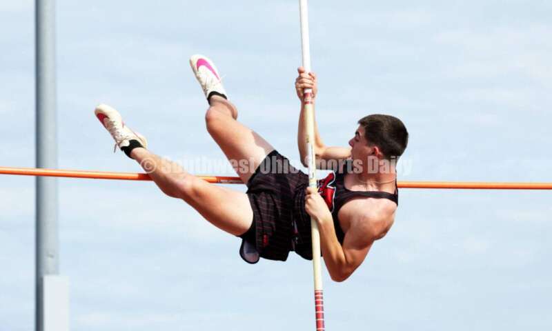 Madison High School's Alden Graham competes in the boys pole vault April 16, 2024, during the Dale Plank Invitational track & field meet at Talawanda. RICK CASSANO/STAFF
