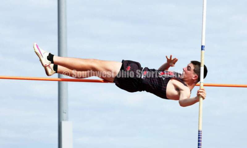 Madison High School's Alden Graham competes in the boys pole vault April 16, 2024, during the Dale Plank Invitational track & field meet at Talawanda. RICK CASSANO/STAFF