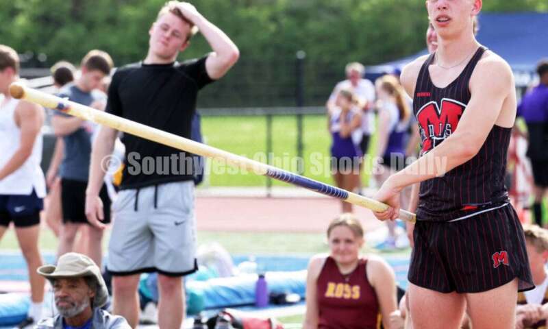 Madison High School's Alden Graham prepares for an attempt in the boys pole vault April 16, 2024, during the Dale Plank Invitational track & field meet at Talawanda. RICK CASSANO/STAFF