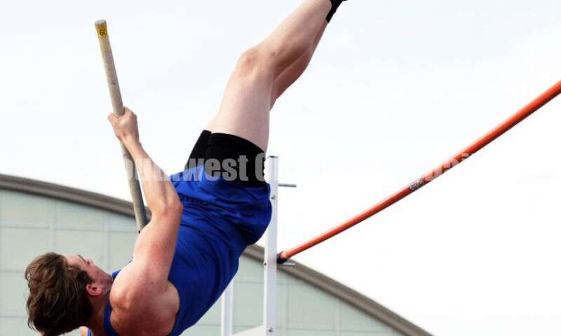 Hamilton High School's Elijah Lay competes in the boys pole vault April 16, 2024, during the Dale Plank Invitational track & field meet at Talawanda. RICK CASSANO/STAFF