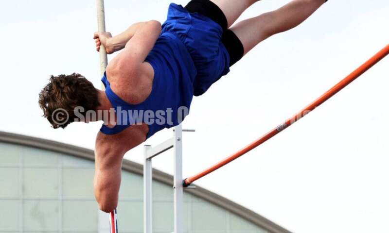 Hamilton High School's Elijah Lay goes high in the boys pole vault April 16, 2024, during the Dale Plank Invitational track & field meet at Talawanda. RICK CASSANO/STAFF