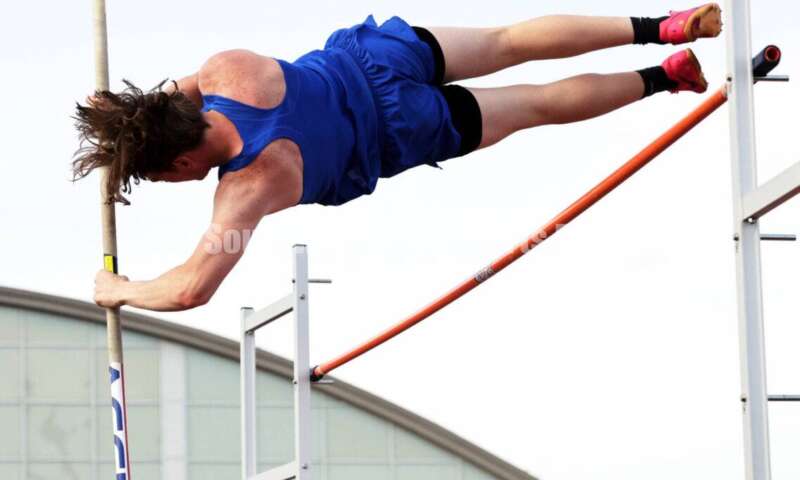 Hamilton High School's Elijah Lay competes in the boys pole vault April 16, 2024, during the Dale Plank Invitational track & field meet at Talawanda. RICK CASSANO/STAFF