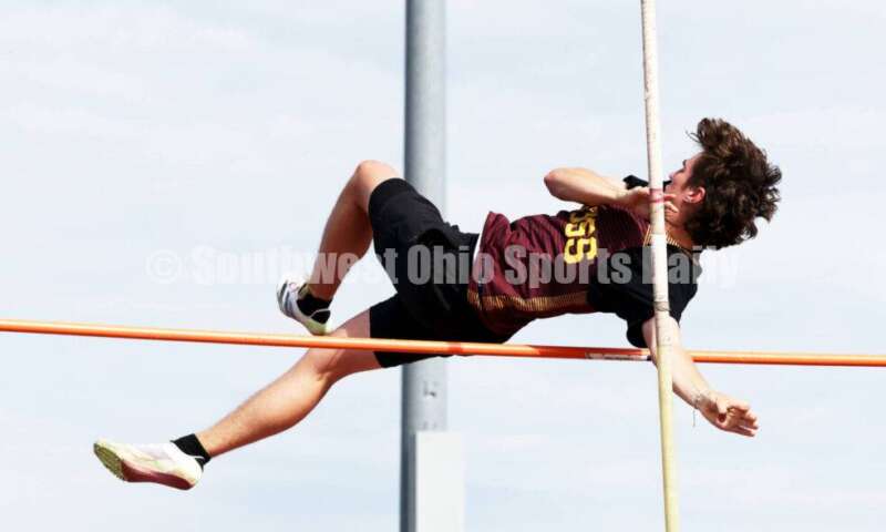 Ross High School's Brady Smith competes in the boys pole vault April 16, 2024, during the Dale Plank Invitational track & field meet at Talawanda. RICK CASSANO/STAFF