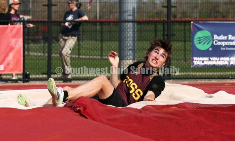 Ross High School's Brady Smith makes a landing in the boys pole vault April 16, 2024, during the Dale Plank Invitational track & field meet at Talawanda. RICK CASSANO/STAFF