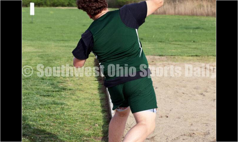 New Miami High School's Isaiah Johnson makes a throw in the boys shot put April 16, 2024, during the Dale Plank Invitational track & field meet at Talawanda. RICK CASSANO/STAFF