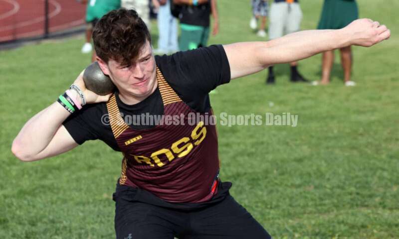Ross High School's Lucas Kunkel prepares to make a heave in the boys shot put April 16, 2024, during the Dale Plank Invitational track & field meet at Talawanda. RICK CASSANO/STAFF