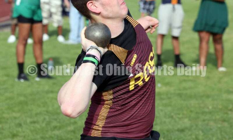Ross High School's Lucas Kunkel competes in the boys shot put April 16, 2024, during the Dale Plank Invitational track & field meet at Talawanda. RICK CASSANO/STAFF