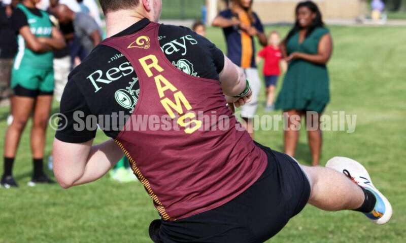 Ross High School's Lucas Kunkel completes an attempt in the boys shot put April 16, 2024, during the Dale Plank Invitational track & field meet at Talawanda. RICK CASSANO/STAFF