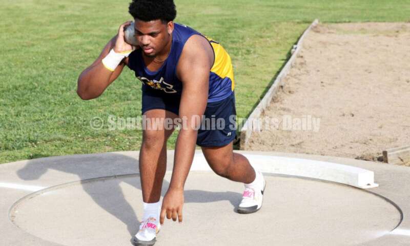 Monroe High School's Myles Terry competes in the boys shot put April 16, 2024, during the Dale Plank Invitational track & field meet at Talawanda. RICK CASSANO/STAFF