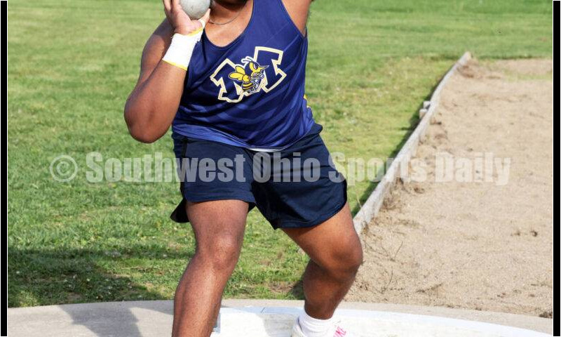 Monroe High School's Myles Terry competes in the boys shot put April 16, 2024, during the Dale Plank Invitational track & field meet at Talawanda. RICK CASSANO/STAFF