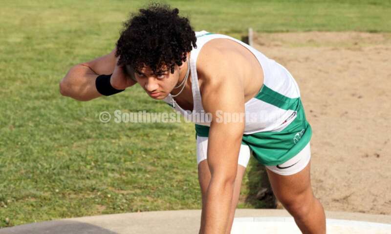 Badin High School's Payson Wilks prepares to compete in the boys shot put April 16, 2024, during the Dale Plank Invitational track & field meet at Talawanda. RICK CASSANO/STAFF