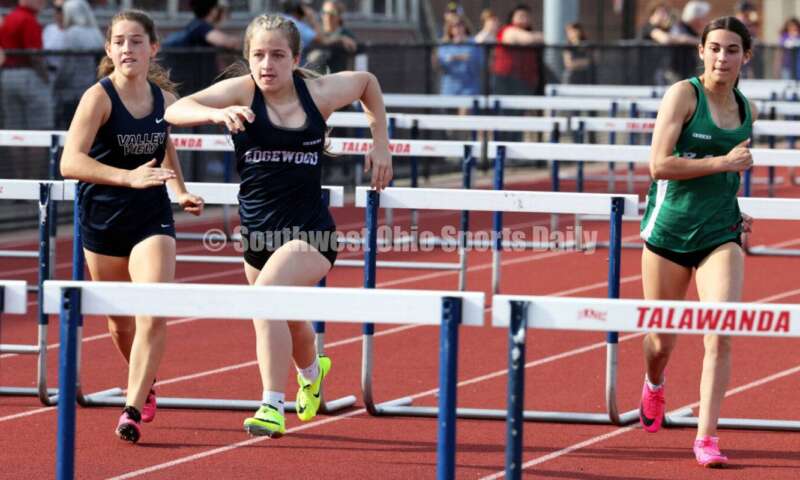 Edgewood High School's Noelle Lockerby (middle) competes with Badin's Allison Falk (right) and Valley View's Claire Barnett in the girls 100-meter hurdles April 16, 2024, during the Dale Plank Invitational track & field meet at Talawanda. RICK CASSANO/STAFF