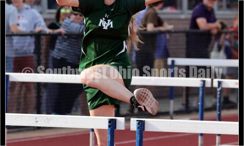 New Miami High School's Jaida Isaacs competes in the girls 100-meter hurdles April 16, 2024, during the Dale Plank Invitational track & field meet at Talawanda. RICK CASSANO/STAFF