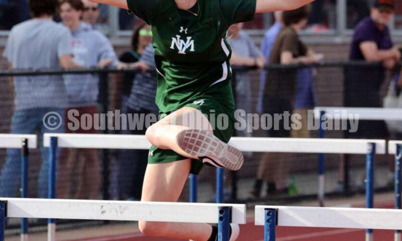 New Miami High School's Jaida Isaacs competes in the girls 100-meter hurdles April 16, 2024, during the Dale Plank Invitational track & field meet at Talawanda. RICK CASSANO/STAFF