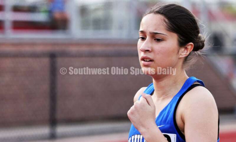 Hamilton High School's Abigail Gomez runs in the girls 1,600-meter race April 16, 2024, during the Dale Plank Invitational track & field meet at Talawanda. RICK CASSANO/STAFF