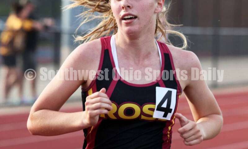 Ross High School's Sarah Johnston runs in the girls 1,600-meter race April 16, 2024, during the Dale Plank Invitational track & field meet at Talawanda. RICK CASSANO/STAFF