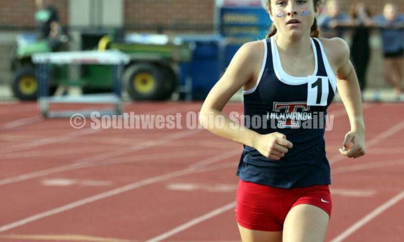 Talawanda High School's Lucia Rodbro runs in the girls 1,600-meter race April 16, 2024, during the Dale Plank Invitational track & field meet at Talawanda. RICK CASSANO/STAFF