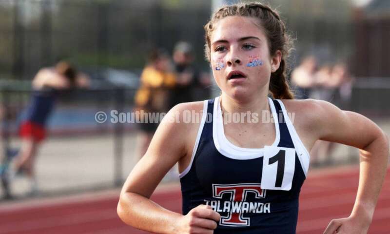 Talawanda High School's Lucia Rodbro runs in the girls 1,600-meter race April 16, 2024, during the Dale Plank Invitational track & field meet at Talawanda. RICK CASSANO/STAFF