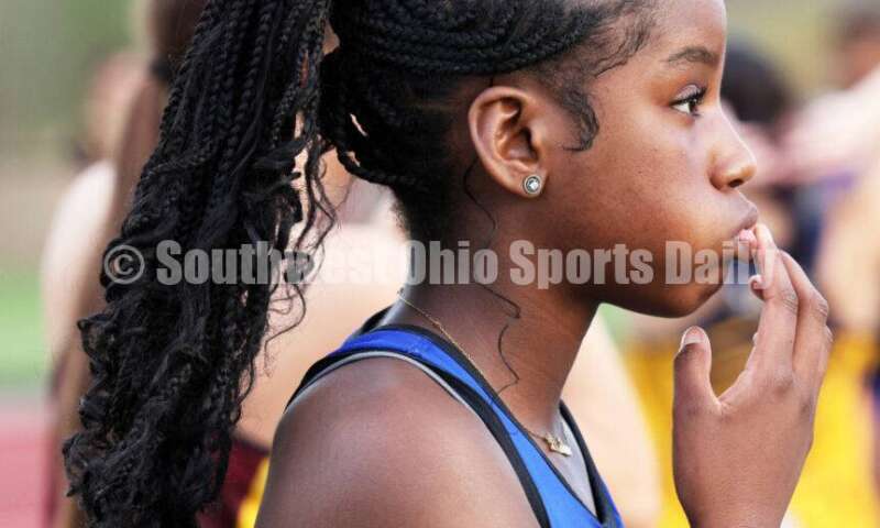 Hamilton High School's Danity Sims waits to compete in the girls 300-meter hurdles April 16, 2024, during the Dale Plank Invitational track & field meet at Talawanda. RICK CASSANO/STAFF