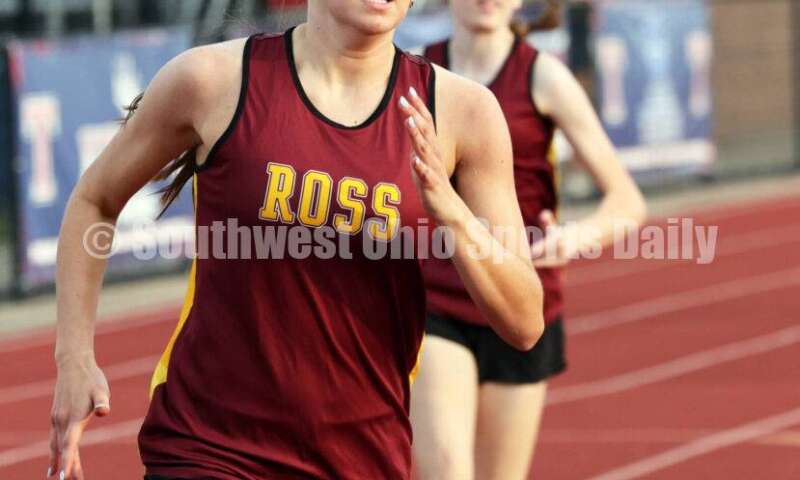 Ross High School's Caroline Chernock competes in the girls 400-meter race April 16, 2024, during the Dale Plank Invitational track & field meet at Talawanda. RICK CASSANO/STAFF