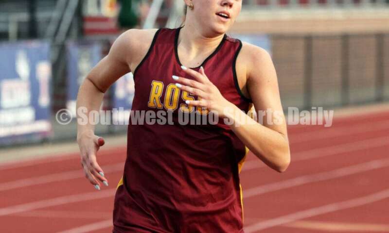 Ross High School's Caroline Chernock competes in the girls 400-meter race April 16, 2024, during the Dale Plank Invitational track & field meet at Talawanda. RICK CASSANO/STAFF