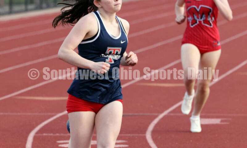 Talawanda High School's Addie Danner works in the girls 400-meter race April 16, 2024, during the Dale Plank Invitational track & field meet at Talawanda. RICK CASSANO/STAFF