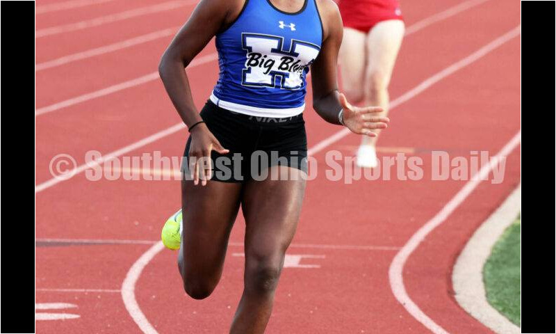Hamilton High School's Marlayshia Markowski runs in the girls 400-meter race April 16, 2024, during the Dale Plank Invitational track & field meet at Talawanda. RICK CASSANO/STAFF