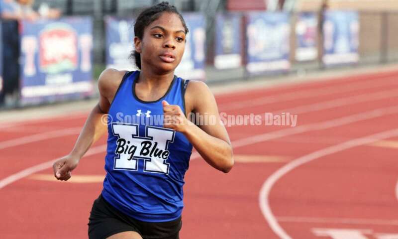 Hamilton High School's Jaliyah Steagall runs in the girls 400-meter race April 16, 2024, during the Dale Plank Invitational track & field meet at Talawanda. RICK CASSANO/STAFF