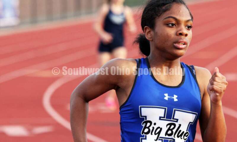 Hamilton High School's Jaliyah Steagall runs in the girls 400-meter race April 16, 2024, during the Dale Plank Invitational track & field meet at Talawanda. RICK CASSANO/STAFF