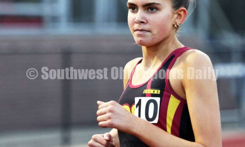 Ross High School's Ava Bosse runs in the girls 800-meter race April 16, 2024, during the Dale Plank Invitational track & field meet at Talawanda. RICK CASSANO/STAFF