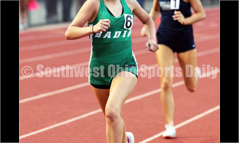 Badin High School's Abby Mathews moves forward in the girls 800-meter race April 16, 2024, during the Dale Plank Invitational track & field meet at Talawanda. RICK CASSANO/STAFF