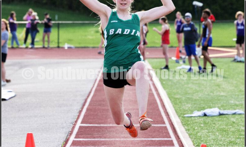 Badin High School's Madeline Anthony goes airborne in the girls long jump April 16, 2024, during the Dale Plank Invitational track & field meet at Talawanda. RICK CASSANO/STAFF