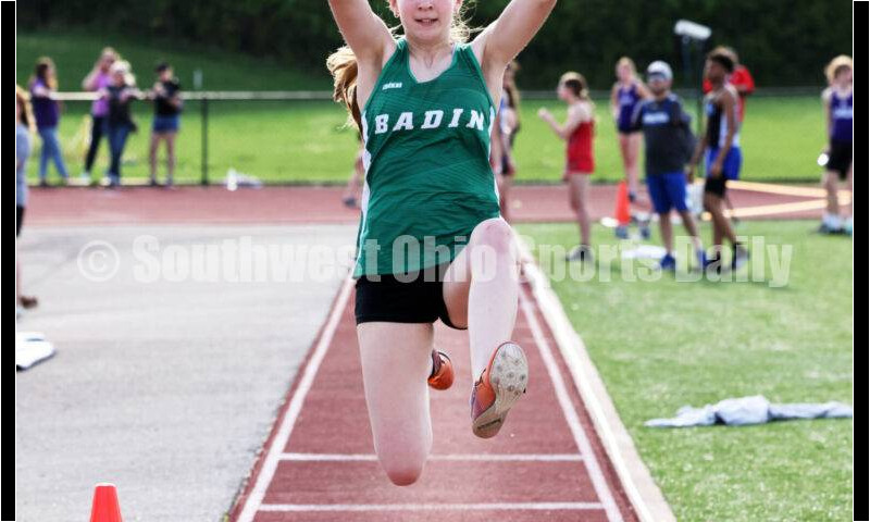 Badin High School's Madeline Anthony takes a leap in the girls long jump April 16, 2024, during the Dale Plank Invitational track & field meet at Talawanda. RICK CASSANO/STAFF