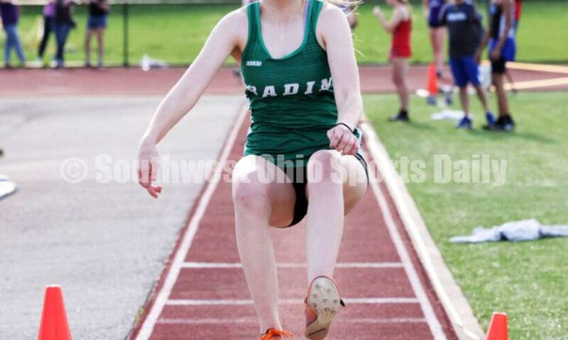 Badin High School's Madeline Anthony flies through the air in the girls long jump April 16, 2024, during the Dale Plank Invitational track & field meet at Talawanda. RICK CASSANO/STAFF