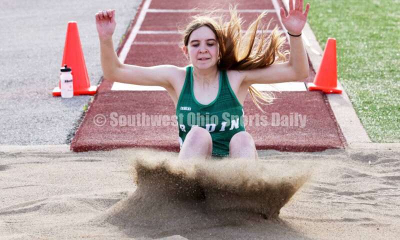 Badin High School's Madeline Anthony lands in the girls long jump April 16, 2024, during the Dale Plank Invitational track & field meet at Talawanda. RICK CASSANO/STAFF