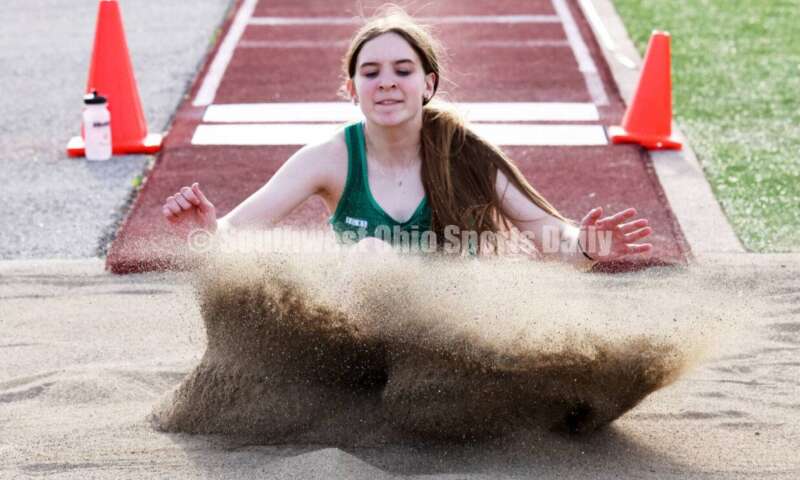 Badin High School's Madeline Anthony lands in the girls long jump April 16, 2024, during the Dale Plank Invitational track & field meet at Talawanda. RICK CASSANO/STAFF