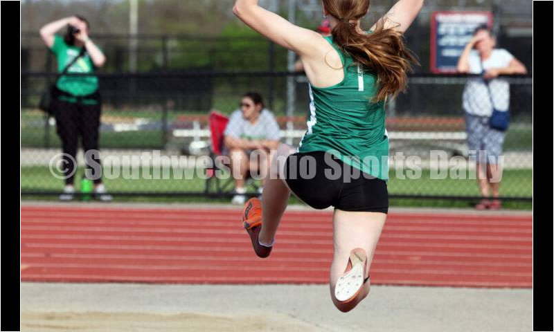 Badin High School's Madeline Anthony flies through the air in the girls long jump April 16, 2024, during the Dale Plank Invitational track & field meet at Talawanda. RICK CASSANO/STAFF