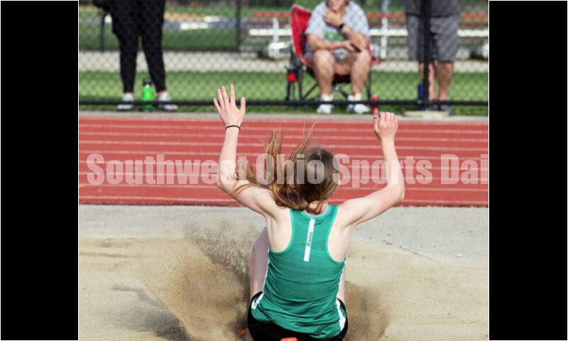 Badin High School's Madeline Anthony lands in the girls long jump April 16, 2024, during the Dale Plank Invitational track & field meet at Talawanda. RICK CASSANO/STAFF
