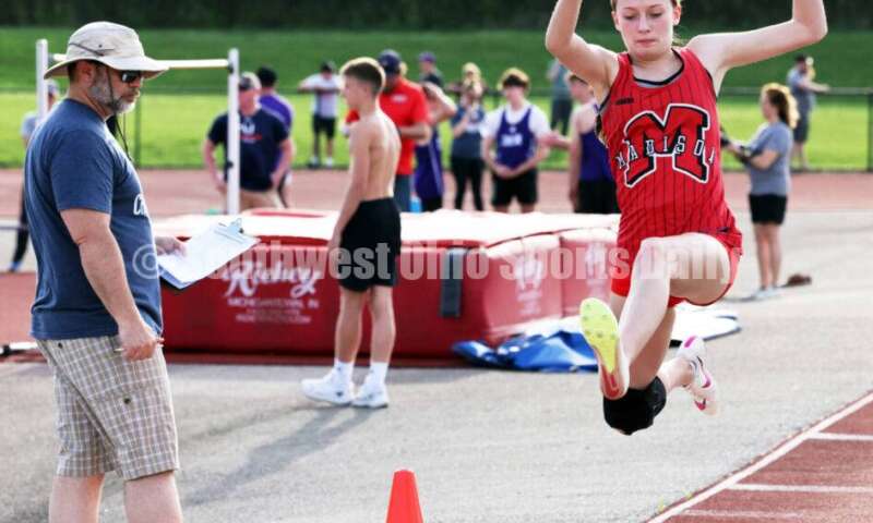 Madison High School's Kynnedy Burns takes a leap in the girls long jump April 16, 2024, during the Dale Plank Invitational track & field meet at Talawanda. RICK CASSANO/STAFF