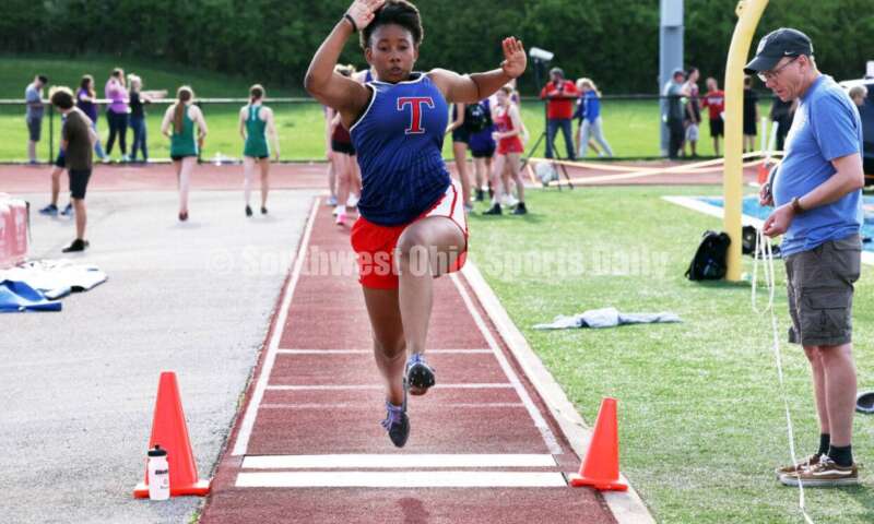 Talawanda High School's Sumire Foster competes in the girls long jump April 16, 2024, during the Dale Plank Invitational track & field meet at Talawanda. RICK CASSANO/STAFF